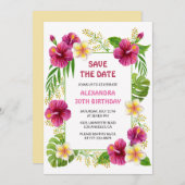 ピンクの熱帯フローラルアウ(ハワイ式宴会)誕生日日付を保存 招待状 (正面/裏面)