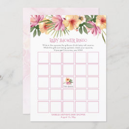 ピンクの熱帯フローラ開花ベビーシャワービンゴカード 招待状