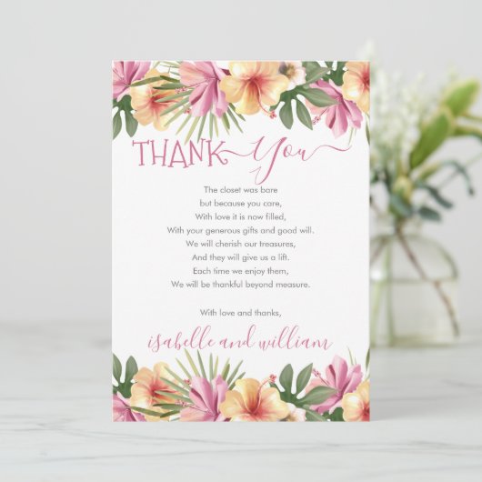 ピンクの熱帯フローラ開花赤ちゃんシャワーありがとう サンキューカード (スタンド正面)