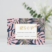 ピンクの熱帯モンステラ葉、パーム結婚海軍 出欠カード (スタンド正面)