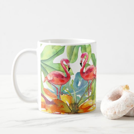 ピンクの熱帯性フラミンゴの鳥の水色 コーヒーマグカップ (ドーナツ)