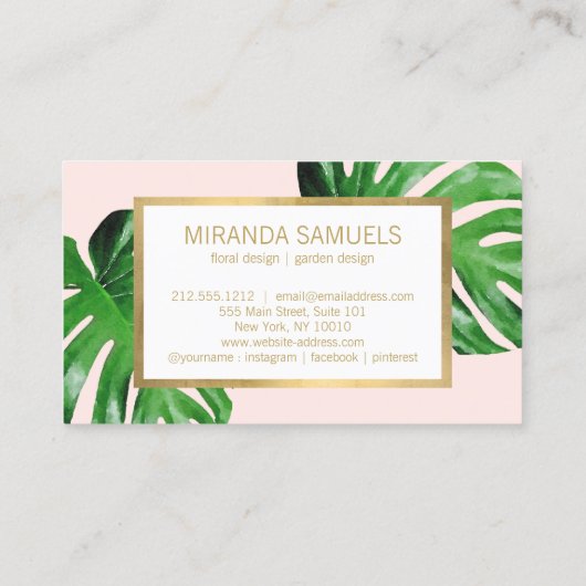 ピンクの熱帯水色モンステラ葉のロゴ 名刺 (裏面)