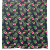 ピンクの熱帯花と緑の葉のパターン青 シャワーカーテン (正面)