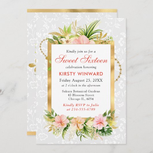 ピンクの熱帯花ゴールドフォイルスウィート16 招待状 (正面/裏面)