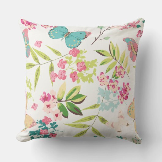 ピンクの熱帯蝶花のガーリーな花のプリント クッション (正面)