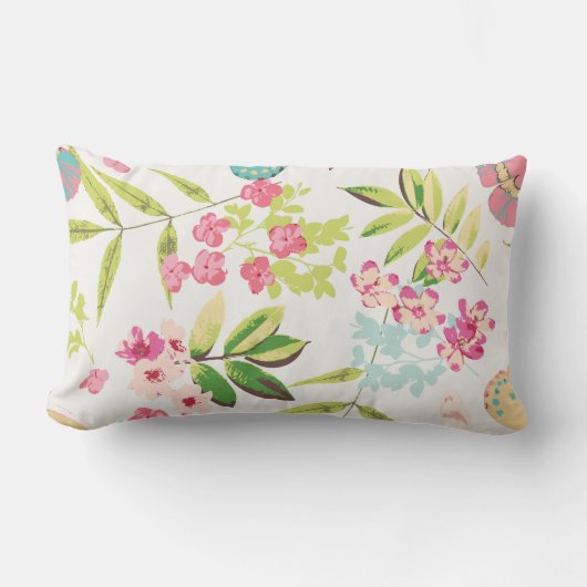 ピンクの熱帯蝶花のガーリーな花のプリント ランバークッション (正面)
