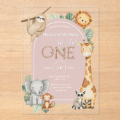 ピンクの熱帯野生のワンジャングルサファリ動物 アクリル招待状 (正面)