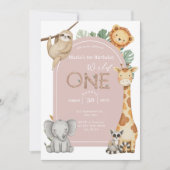 ピンクの熱帯野生のワンジャングルサファリ動物 招待状 (正面)