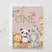 ピンクの熱帯野生のワンジャングルサファリ動物 招待状 (裏面)