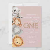 ピンクの熱帯野生のワンジャングルサファリ動物 招待状 (正面)