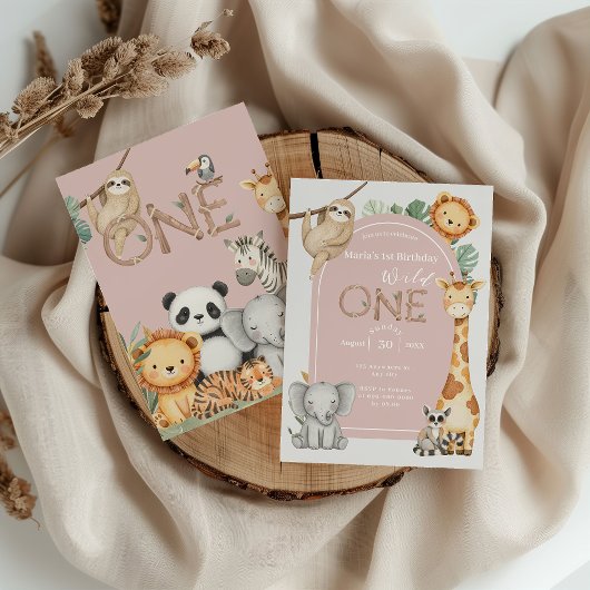 ピンクの熱帯野生のワンジャングルサファリ動物 招待状