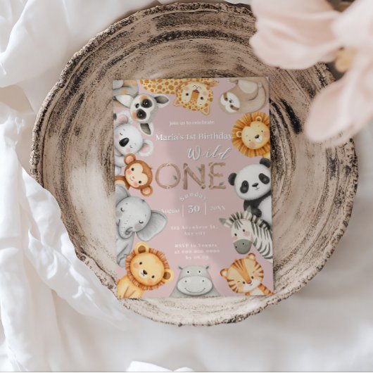 ピンクの熱帯野生のワンジャングルサファリ動物 招待状