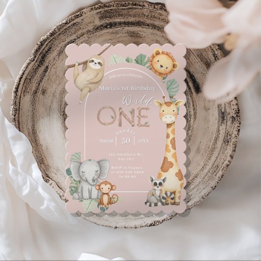 ピンクの熱帯野生のワンジャングルサファリ動物 招待状