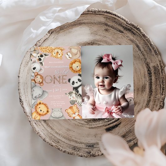 ピンクの熱帯野生のワンジャングルサファリ動物 招待状