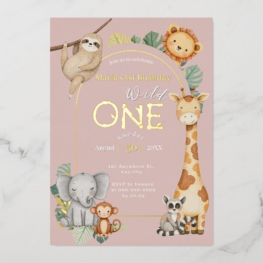 ピンクの熱帯野生のワンジャングルサファリ動物 箔招待状 (正面)