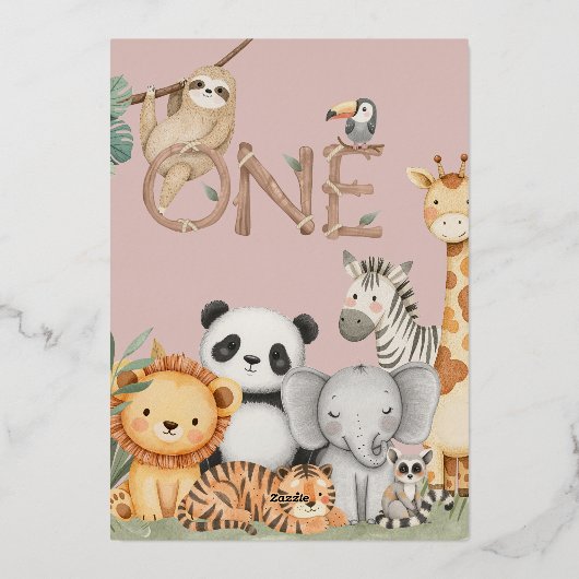 ピンクの熱帯野生のワンジャングルサファリ動物 箔招待状 (裏面)