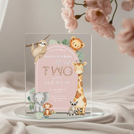 ピンクの熱帯野生の2つのジャングルサファリ動物 アクリル招待状