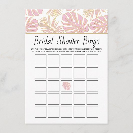 ピンクの熱帯離れブライダルシャワービンゴゲームカード エンクロージャーカード (正面)
