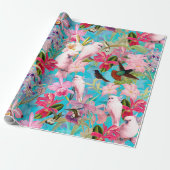 ピンクの熱帯鳥および蘭の花模様 ラッピングペーパー (アンロールド)