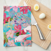 ピンクの熱帯鳥と蘭の花のパターン キッチンタオル (四つ折り)