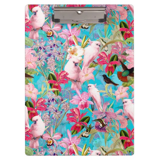 ピンクの熱帯鳥と蘭の花のパターン クリップボード (正面)