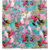 ピンクの熱帯鳥と蘭の花のパターン シャワーカーテン (正面)