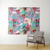 ピンクの熱帯鳥と蘭の花のパターン タペストリー (インサイチュ(横))