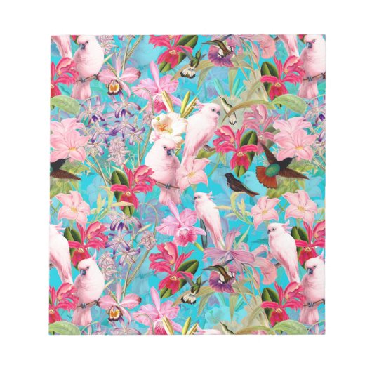 ピンクの熱帯鳥と蘭の花のパターン ノートパッド (正面)