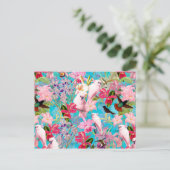 ピンクの熱帯鳥と蘭の花のパターン ポストカード (スタンド正面)