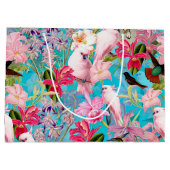 ピンクの熱帯鳥と蘭の花のパターン ラージペーパーバッグ (裏面)