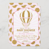 ピンクの熱気の気球のベビーシャワー 招待状 (正面/裏面)