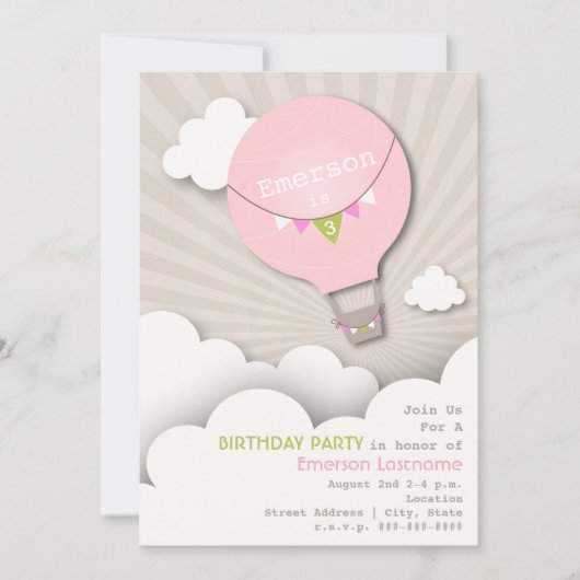 ピンクの熱気の気球及び雲の女の子の誕生日 招待状 (正面)
