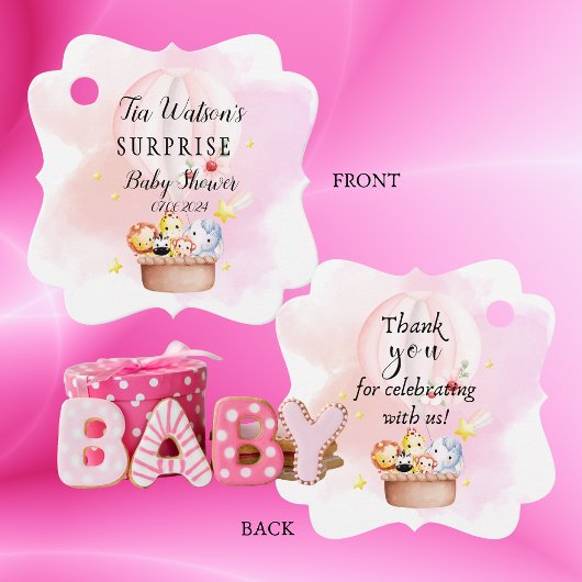 ピンクの熱気球で赤ちゃん動物サファリ フェイバータグ