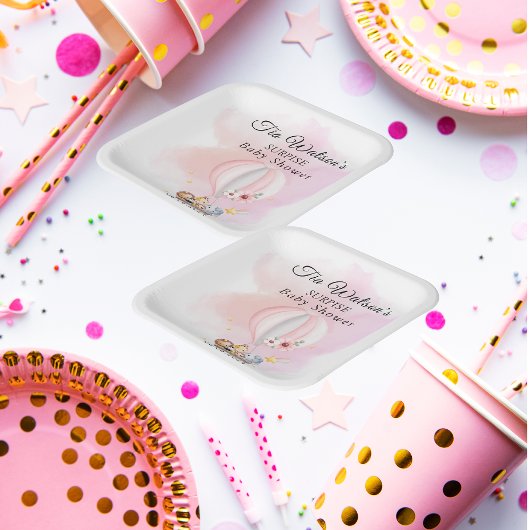 ピンクの熱気球で赤ちゃん動物サファリ ペーパープレート