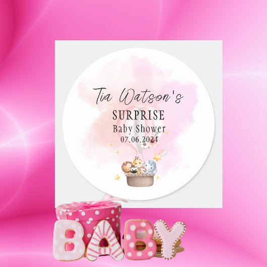 ピンクの熱気球で赤ちゃん動物サファリ ラウンドシール