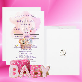 ピンクの熱気球で赤ちゃん動物サファリ 招待状