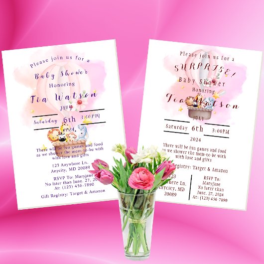 ピンクの熱気球で赤ちゃん動物サファリ 招待状