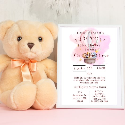 ピンクの熱気球で赤ちゃん動物サファリ 招待状