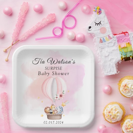 ピンクの熱気球に赤ちゃん動物紙プレート ペーパープレート (パーティー)