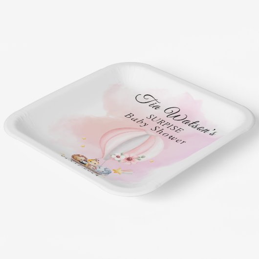 ピンクの熱気球に赤ちゃん動物紙プレート ペーパープレート (傾斜あり)