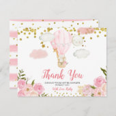 ピンクの熱気球の動物の赤ちゃんシャワー サンキューカード (正面/裏面)