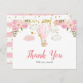 ピンクの熱気球の動物ジャングル感謝カード サンキューカード (正面/裏面)