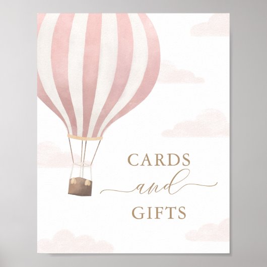 ピンクの熱気球の誕生日カードとギフトサイン ポスター (正面)