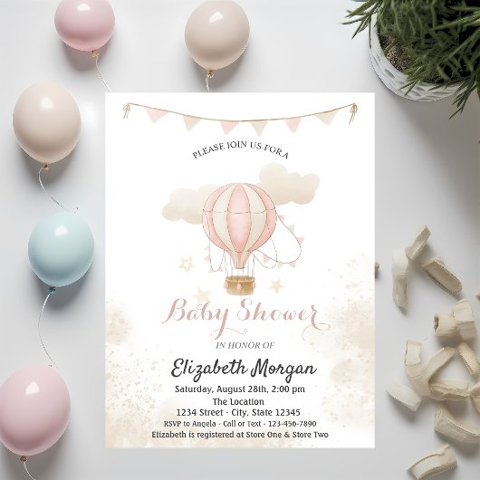 ピンクの熱気球の雲ベビーシャワー 招待状