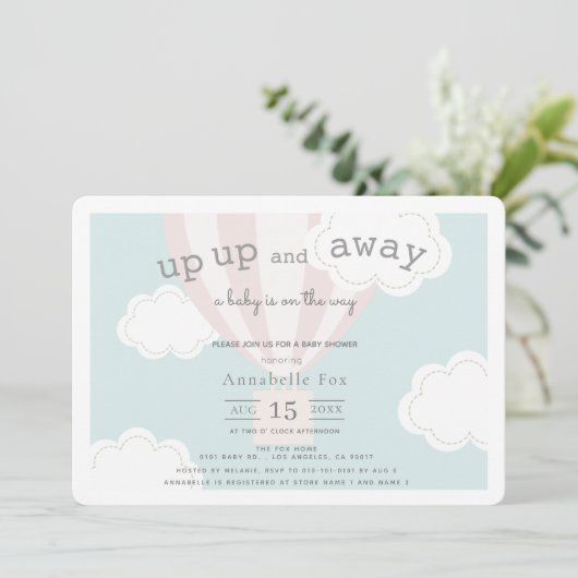 ピンクの熱気球アップと赤ちゃん遠くにのシャワー 招待状 (スタンド正面)