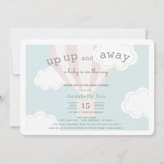 ピンクの熱気球アップと赤ちゃん遠くにのシャワー 招待状 (正面)