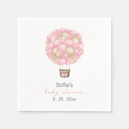 ピンクの熱気球ガールベビーシャワー スタンダードカクテルナプキン (正面)