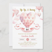 ピンクの熱気球ガールベビーシャワー 招待状 (正面)