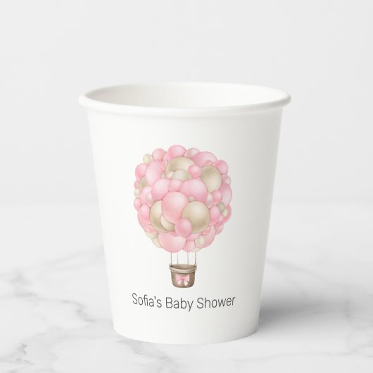ピンクの熱気球ガールベビーシャワー 紙コップ (正面)