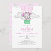 ピンクの熱気球ベアーガールバプテスマ 招待状 (正面/裏面)